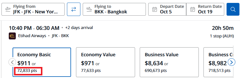 Free flight to Thailand using Chase Ultimate Rewards Points - example